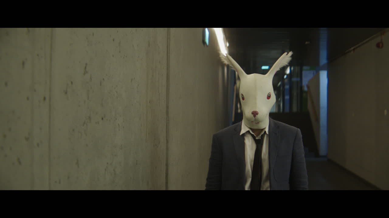 Man walking down a corridor with a rabbit head