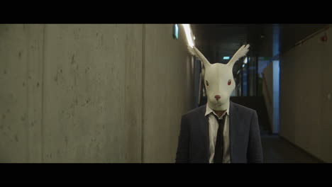 man walking down a corridor with a rabbit head