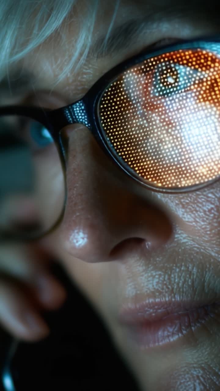 Close-up of a Woman Making a Phone Call, Focused Expression Captured in Details of Face and Glasses Reflecting Light from a Screen, Creating an Intriguing Visual Contrast