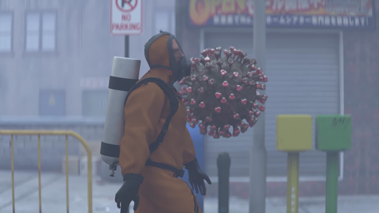 человек в костюме с биологической опасностью ходит по городу с летающим коронавирусом.