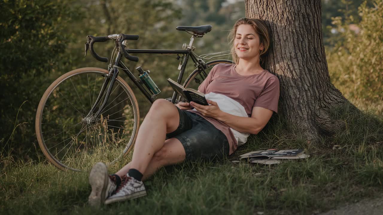 Leaning woman in cycling clothes, reading book by tree, bike and magazines near, resting after ride