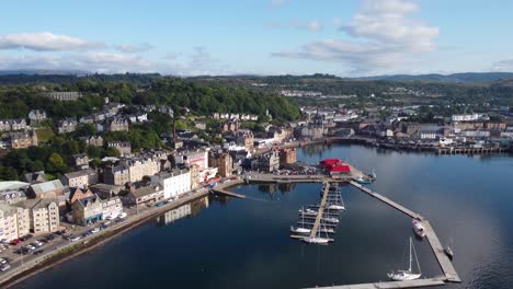 oban harbour lake, seaside town on west coast of scotland, aerial drone 4k hd footage flying in