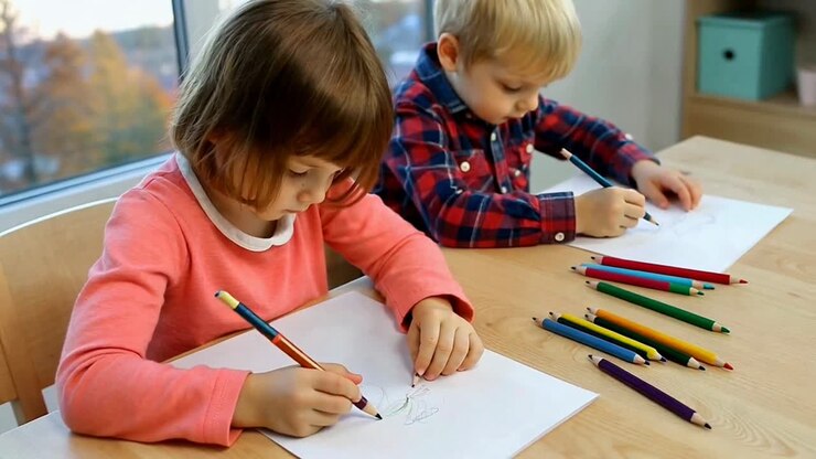 Two Small Children Focused on Creative Drawing with Crayons