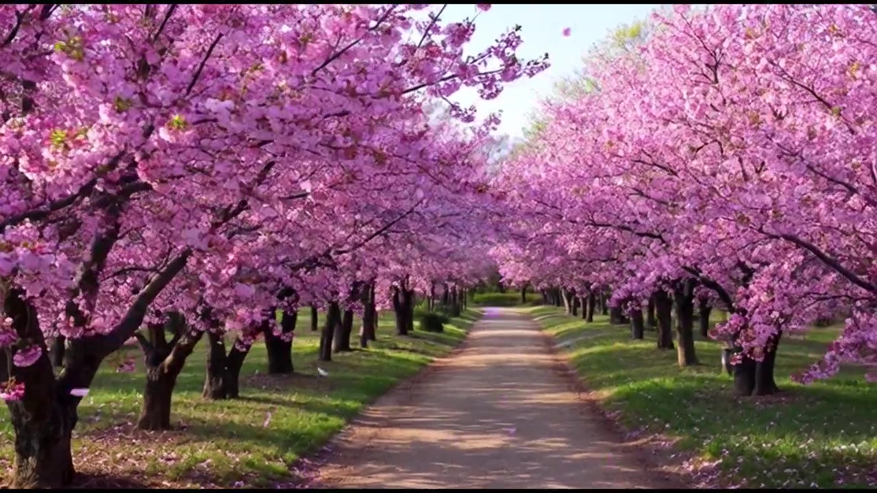 Sentiero tra ciliegi in fiore in primavera