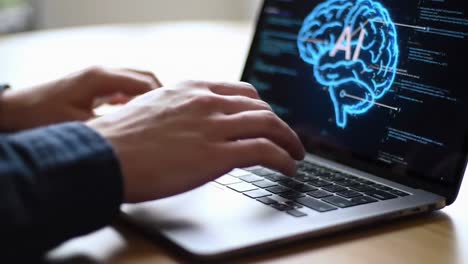 developer programming an artificial intelligence system on a laptop computer
