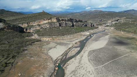 Dry-River-at-Congost-de-Mont-Rebei,-Catalonia-and-Aragon,-North-Spain---Aerial-4k