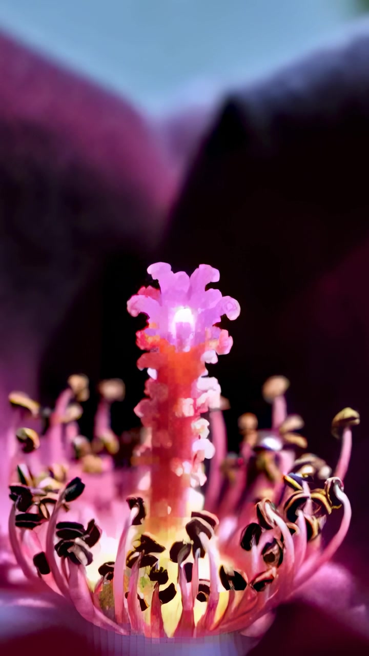 Video vertical: Pistilo central brillante con estambres recibiendo luz intensa en macro, formando un estallido de estrellas.