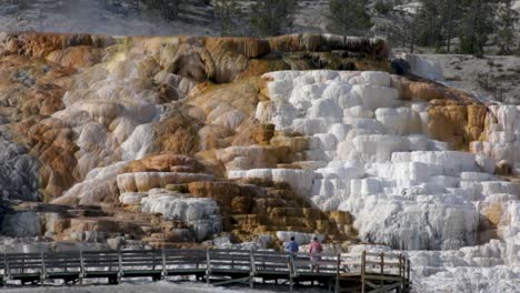 terrazas de travertino natural en las gigantescas aguas termales con turistas mirando desde el paseo marítimo de madera en el parque nacional de yellowstone, wyoming, ee.uu.