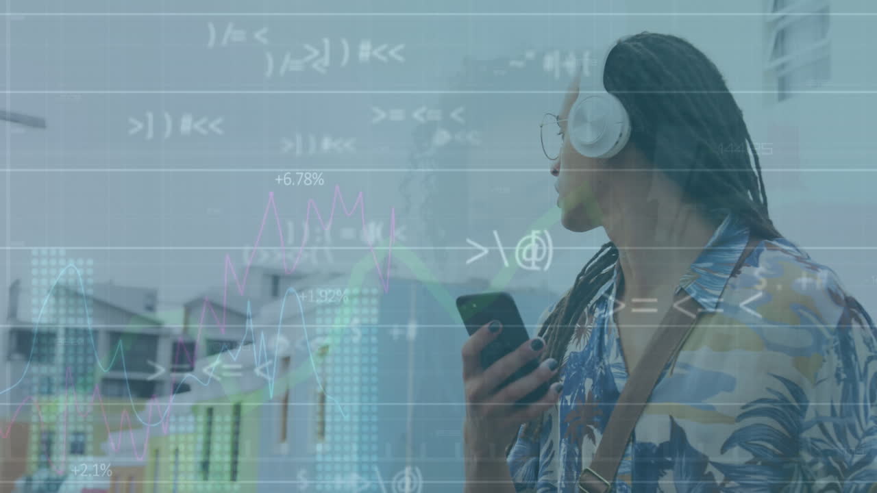 animación de gráficos, símbolos, hombre biracial escuchando música en el teléfono móvil con auriculares