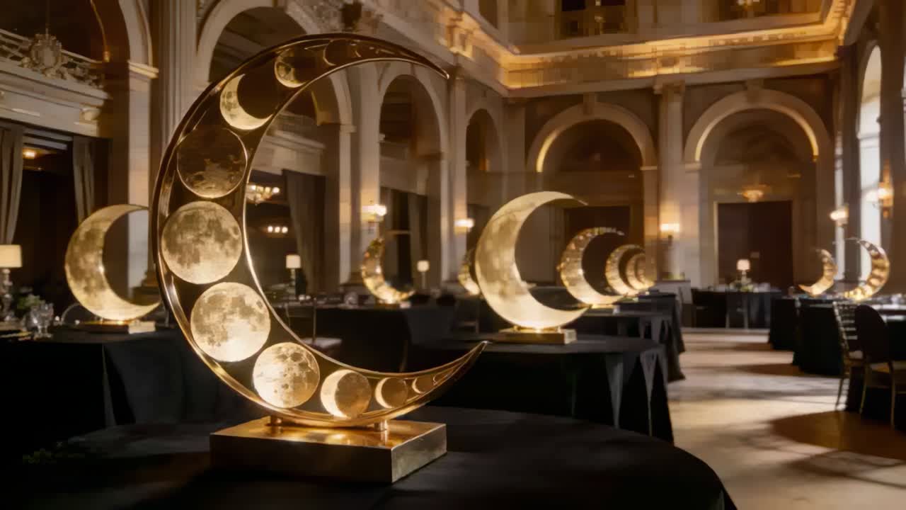 Schwenkende Kamera enthüllt eine große, beleuchtete Halbmondskulptur auf einem Tisch in einem Bankettsaal, wobei Reihen sichtbar werden.