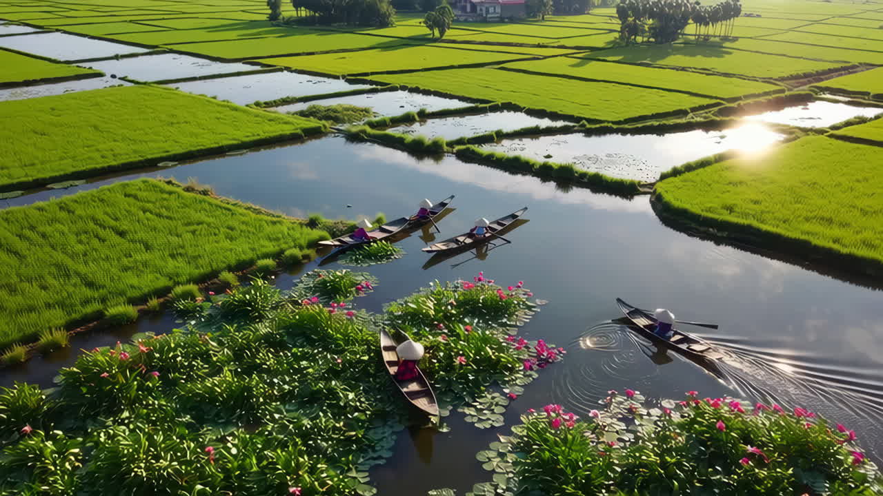Traditional Boats Navigating Through Rice Paddies and Lotus Flowers at Sunset