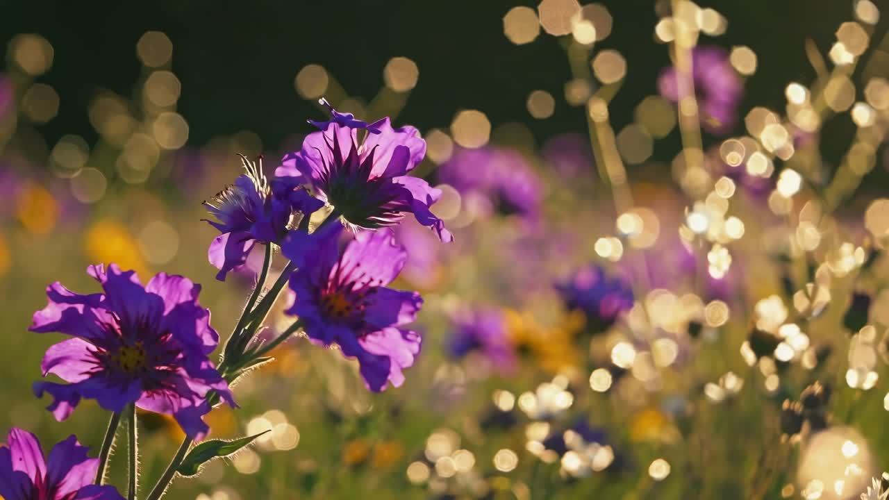 Un prato sognante e illuminato dal sole con fiori vivaci a fuoco morbido. L'inquadratura dal basso crea un'atmosfera serena.