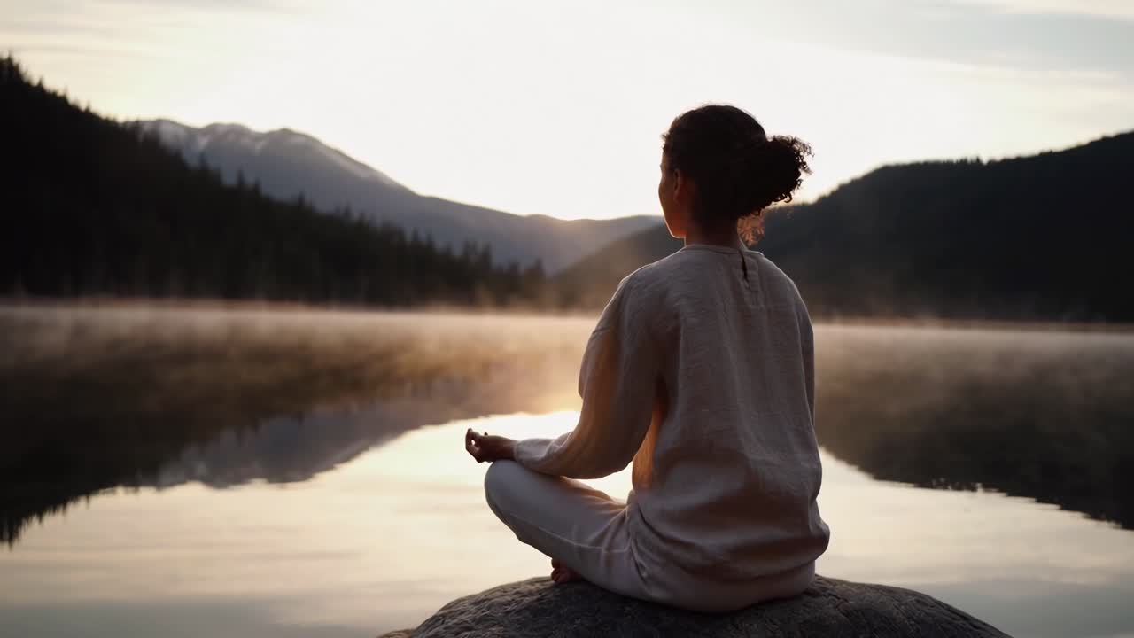A serene video scene of a person meditating by a lake at sunrise, captured from behind