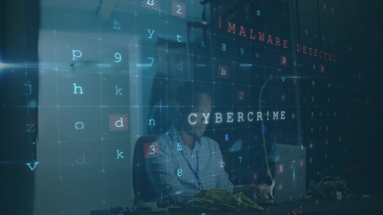 Animation of virus warning text and data over african american businessman by servers