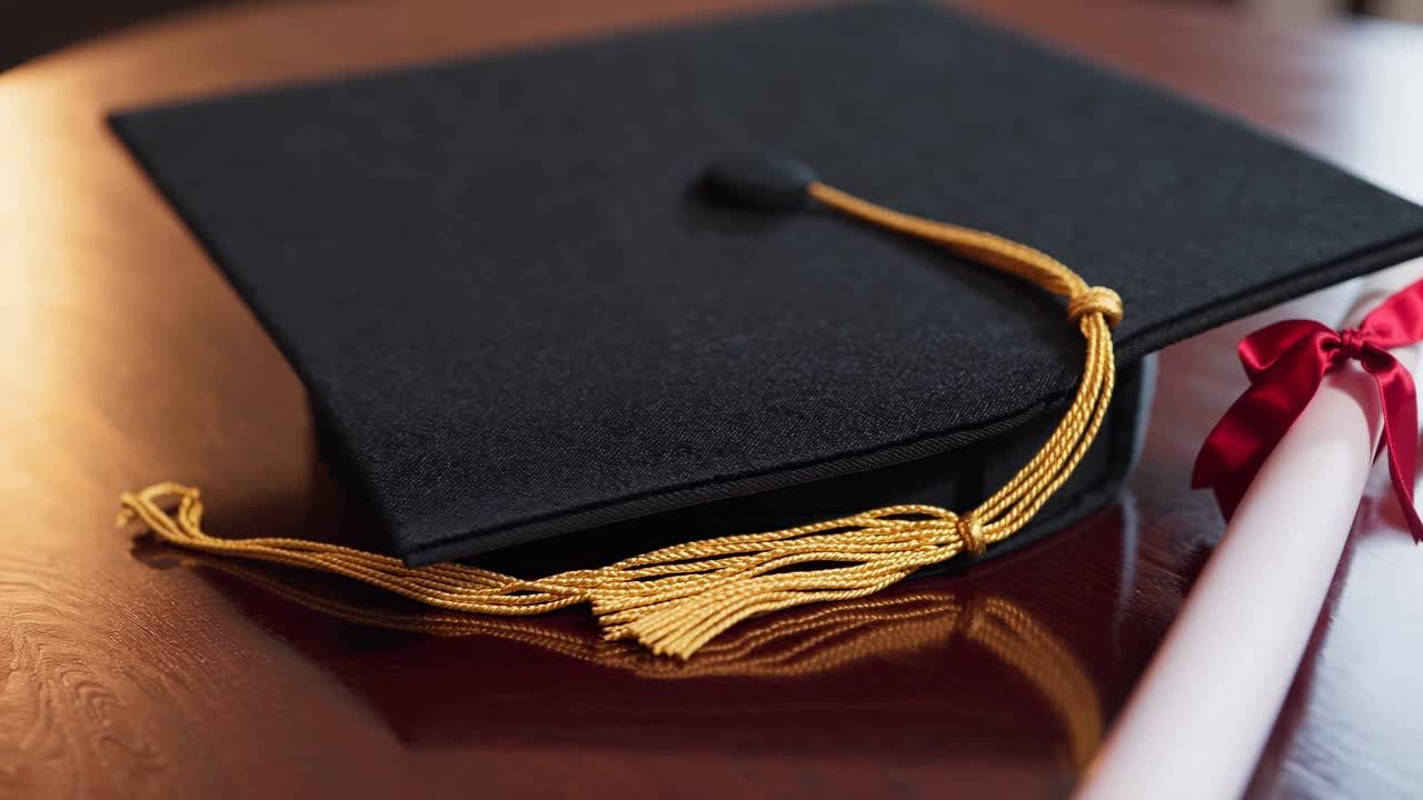 Primo piano di un tocco da laurea con una nappina dorata su un tavolo di legno, che cattura l'essenza