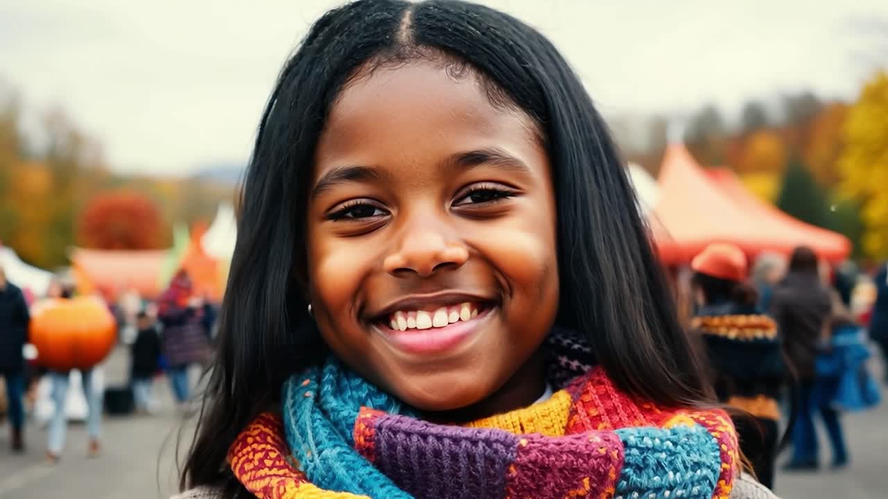 가을 축제 에서 미소 짓는 어린 소녀