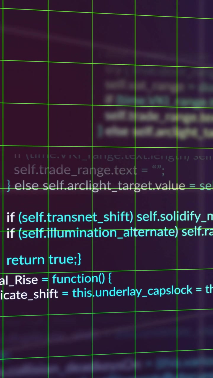 Vertical video: Neon grid with code, white curve appearing left, sweeping and showing data trends