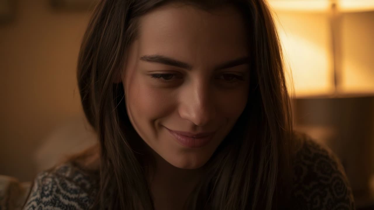 Donna sorridente in maglione sente una voce fuori campo, si gira, si sistema nel soggiorno, lampada calda