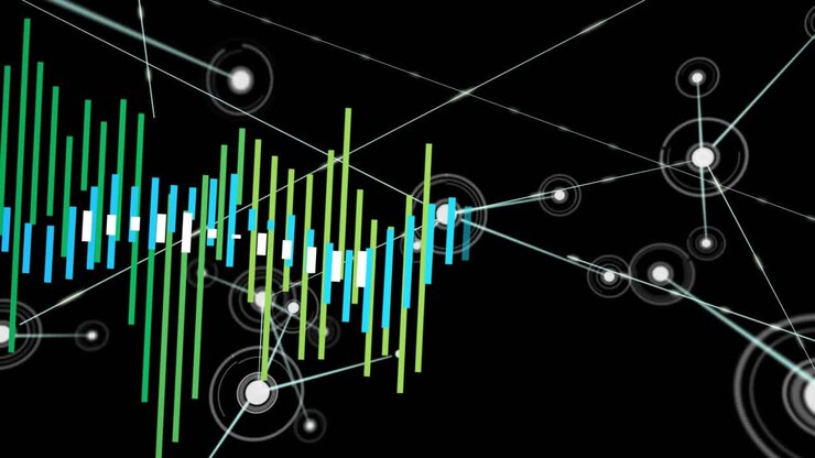 Upon white circle appearing, data visualization using bars rising, nodes connecting to show trends