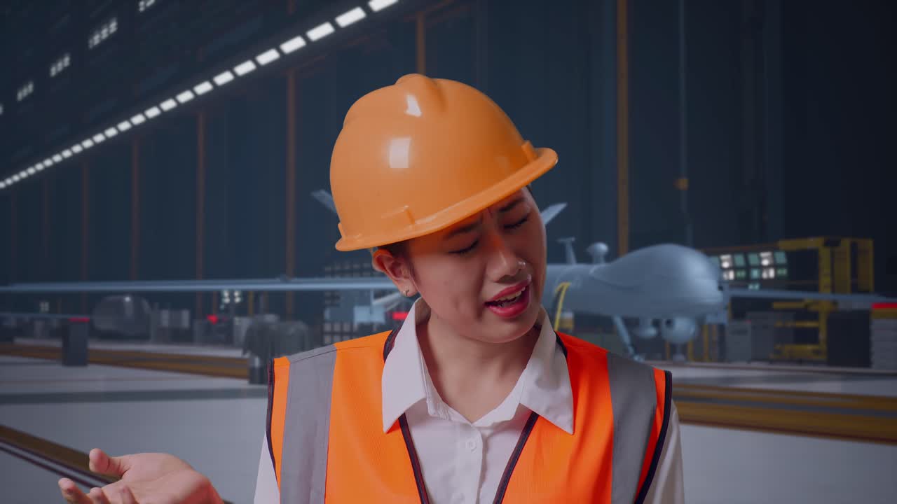 Primo piano di un'ingegnera asiatica con casco di sicurezza, che si interroga con fare dubbioso mentre lavora, davanti a un moderno drone militare in un hangar di manutenzione.