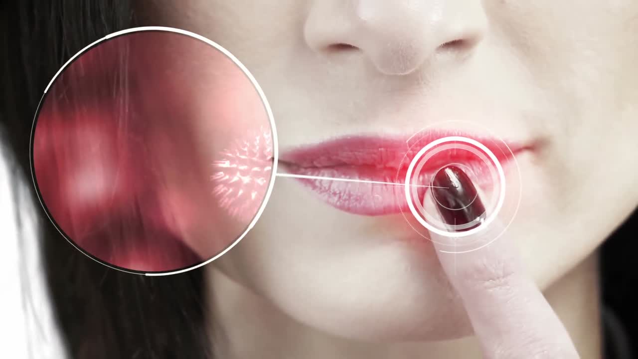 입술 을 만지는 여자 의 가까운 모습