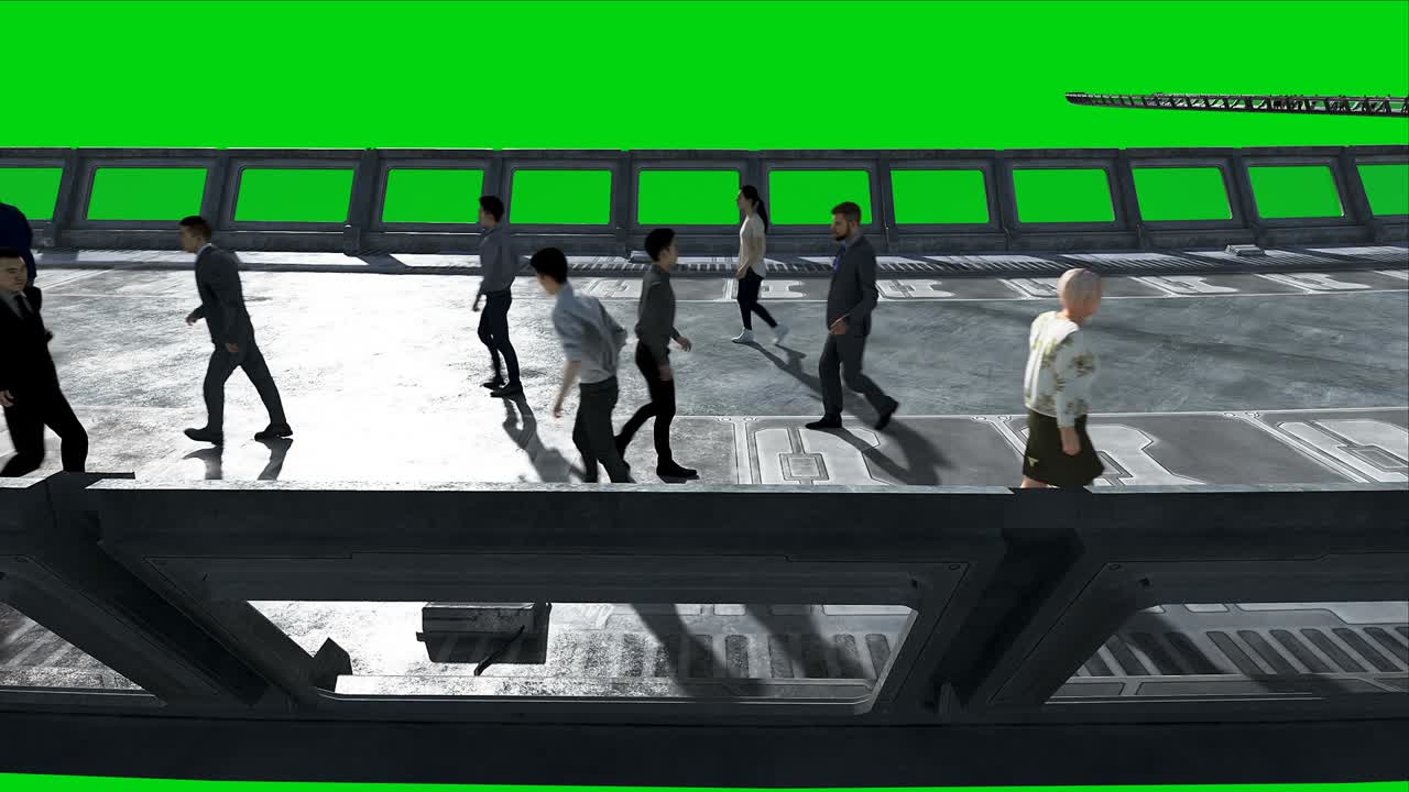 3d people in sci-fi tunnel: 교통, 미래의 개념, 그린 스크린 영상, 현실적인 4k 애니메이션