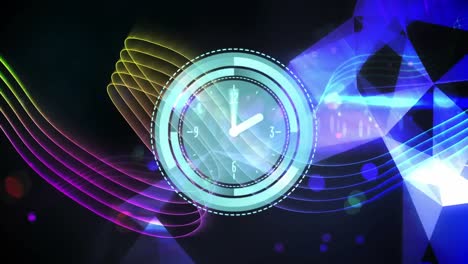 animation of clock over disco lights and colorful lines