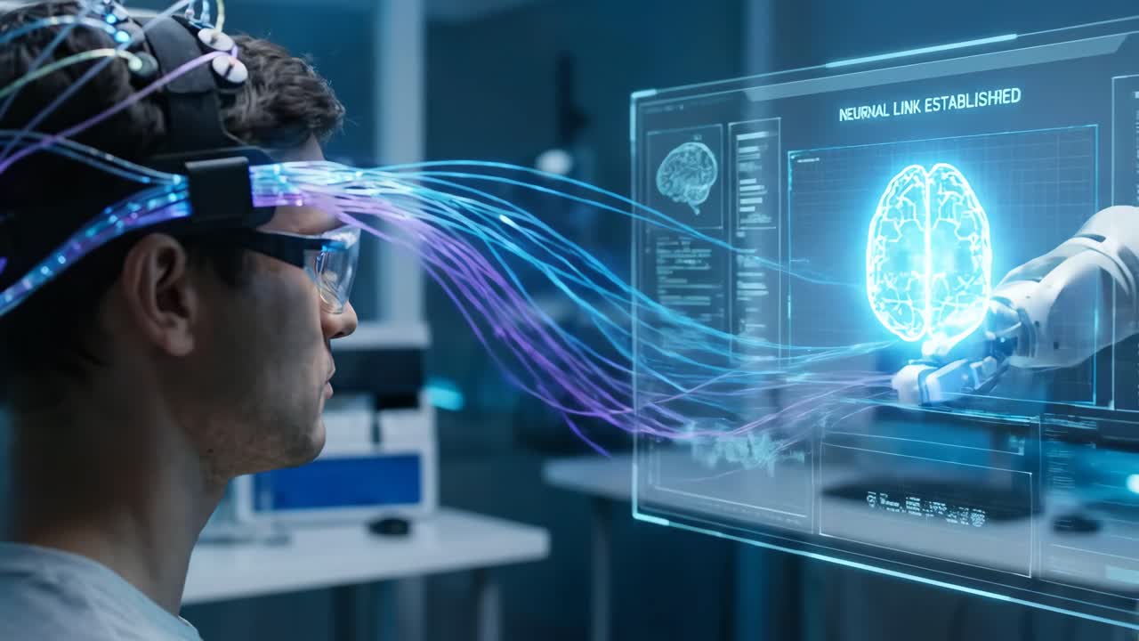 Man with Brain-Computer Interface Interacting with Robotic Arm and Holographic Display
