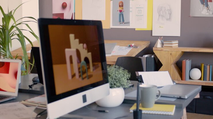 Empty Animation Studio With Modern Furniture, Computers, Documents On Desks And Drawings On The Wall 1