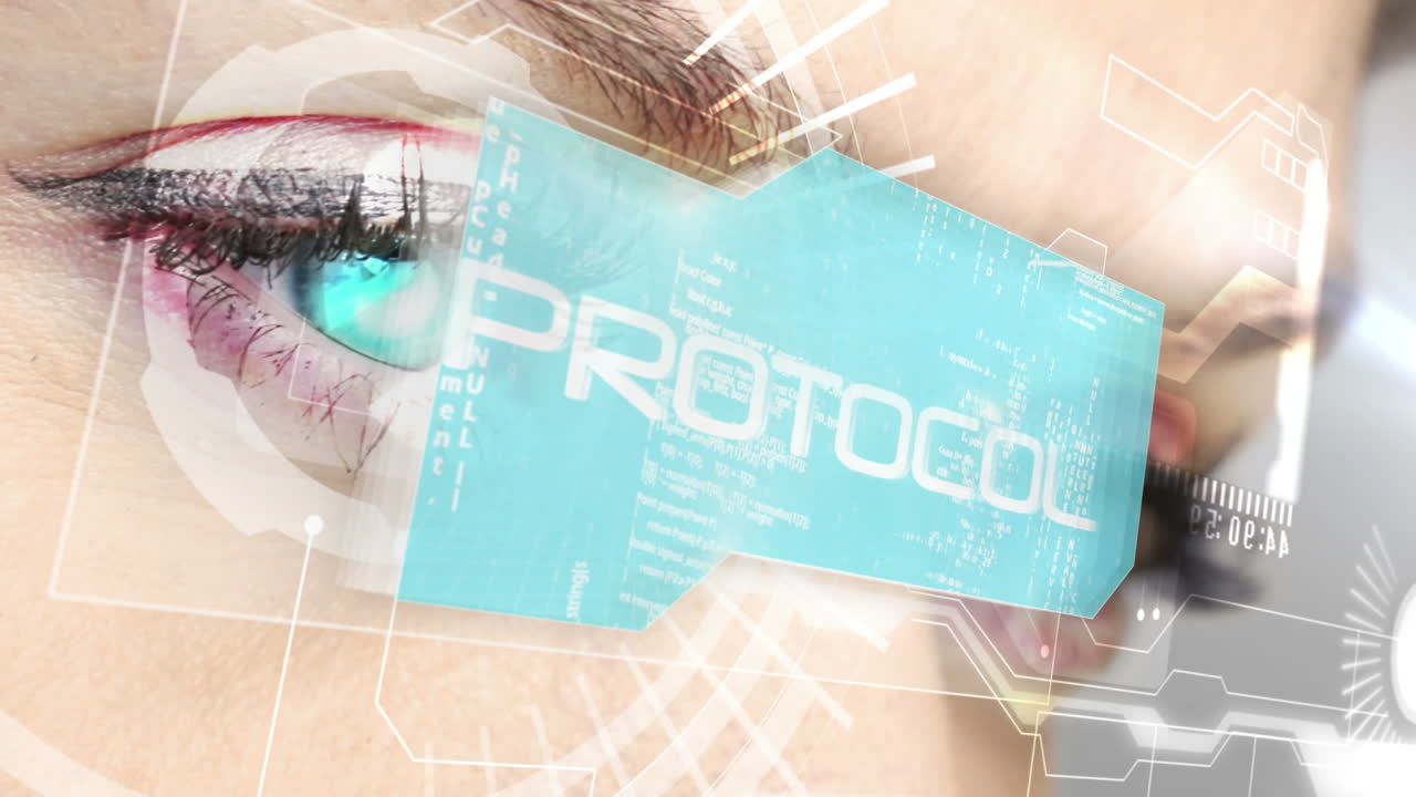 Eyes looking at holographic interface with coding words