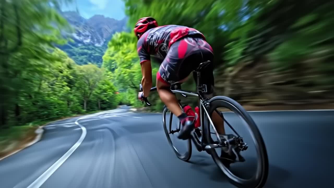 un hombre montando una bicicleta por un camino con montañas en el fondo