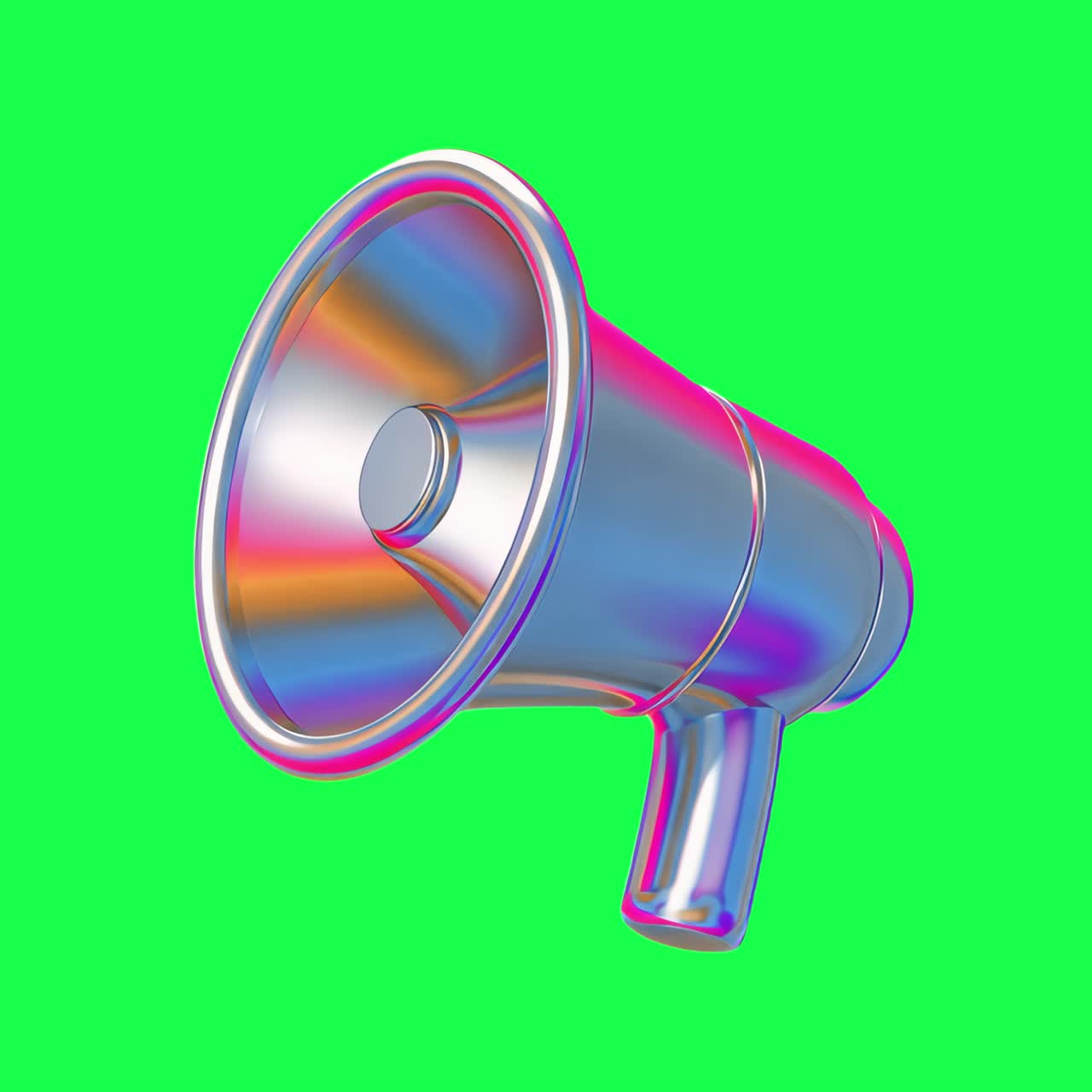 Animazione di un'illustrazione colorata di un megafono metallizzato, video 4K trasparente, green screen