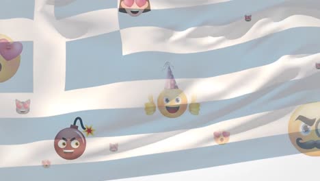 animation of flag of greecel blowing over various floating emojis