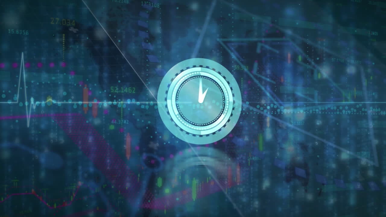 Animation of clock and cardiograph over data processing and world map