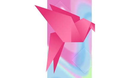 Animation-of-pink-origami-bird-with-pastel-swirls-on-vertical-screen,-on-white-background