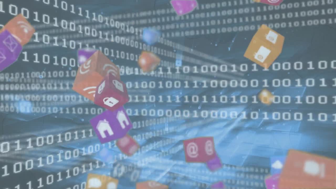 데이터 처리에 대한 아이콘과 함께 떨어지는 큐브의 애니메이션