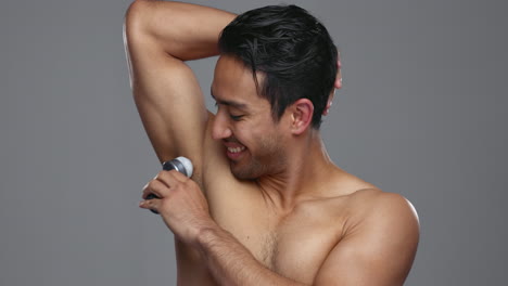 happy asian man, deodorant and armpit for hygiene