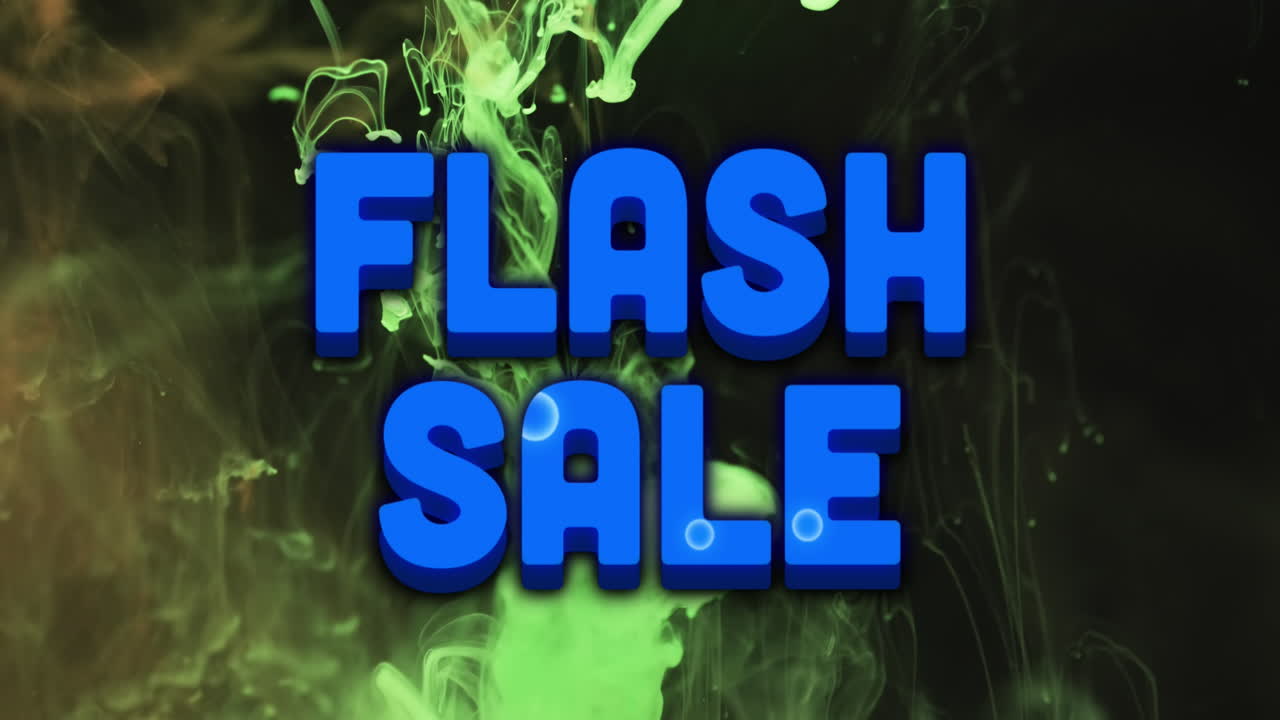 Animation av flash sale-text över grön vätska på svart bakgrund