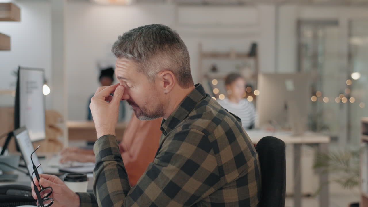 Computer, mental health and business man tired