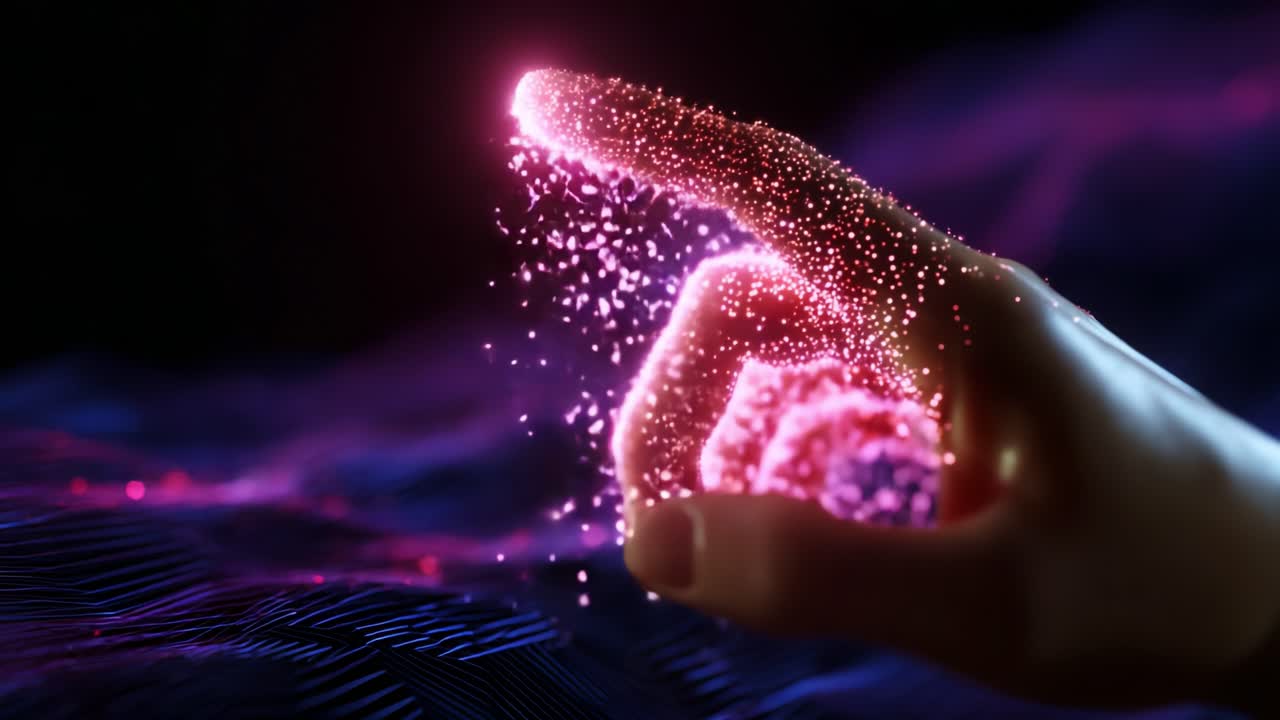 A mesmerizing visualization of a human hand delicately manipulating a burst of vibrant, sparkling particles, signaling a blend of technology and magic in an abstract digital landscape of swirling colors and light