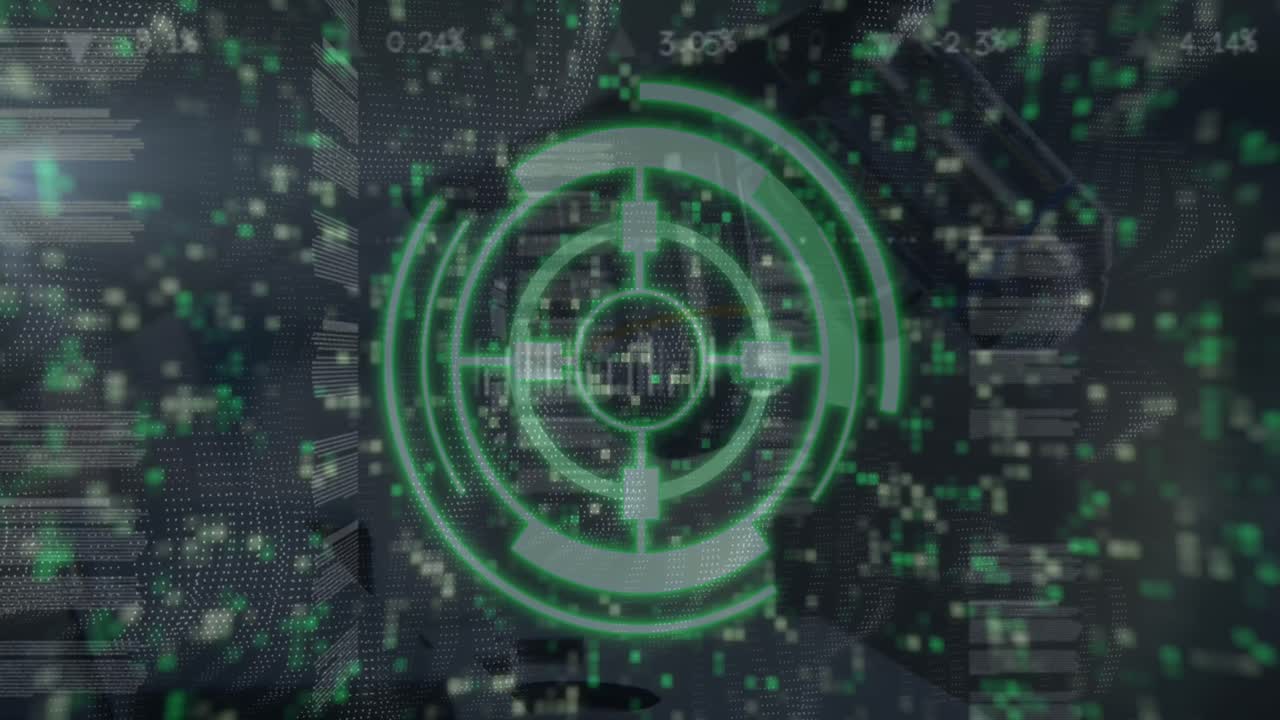 Animation of scope scanning over network of connections with icons and moving columns