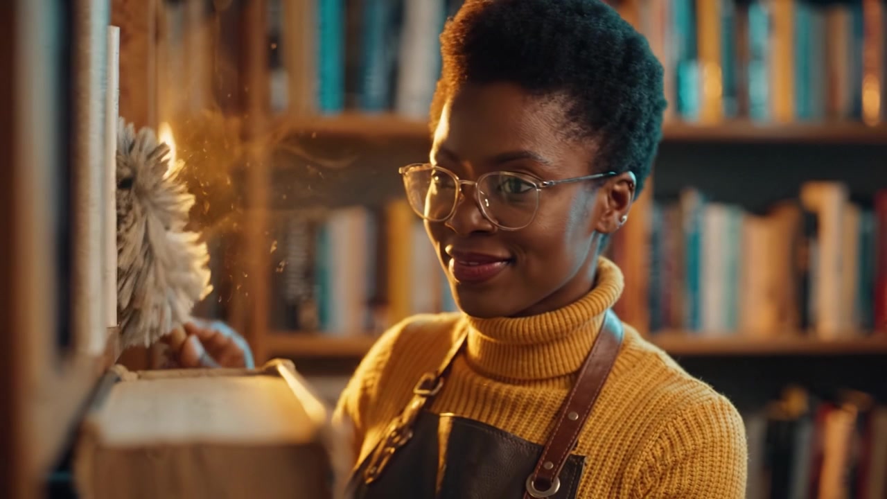 A woman in a cozy sweater dusting shelves in a well-stocked library, showcasing a love for books and meticulous organization in her workspace.
