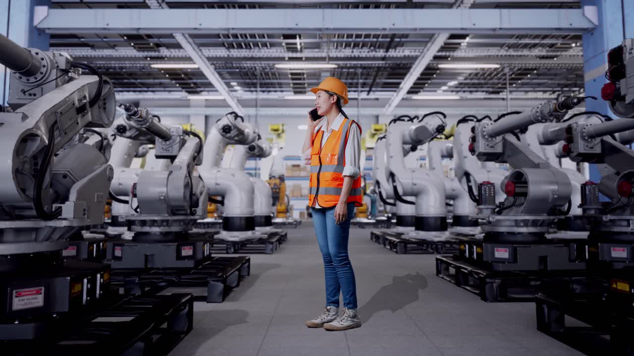 현대 공장 에서 로 들 사이 에서 전화 로 이야기 하는 여성 엔지니어