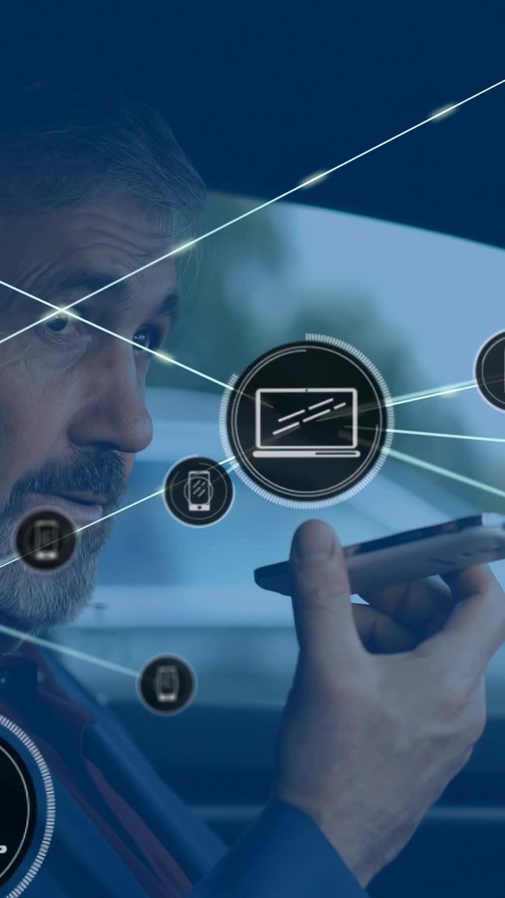 Video verticale: Autista che parla al telefono in auto, con un overlay di rete in espansione che mostra collegamenti tecnologici.