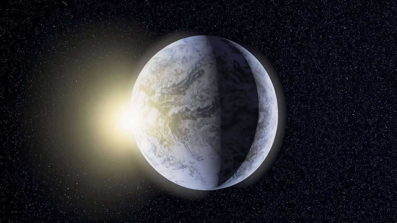 A video still of a planet with a star shining behind it, captured from a high-angle view