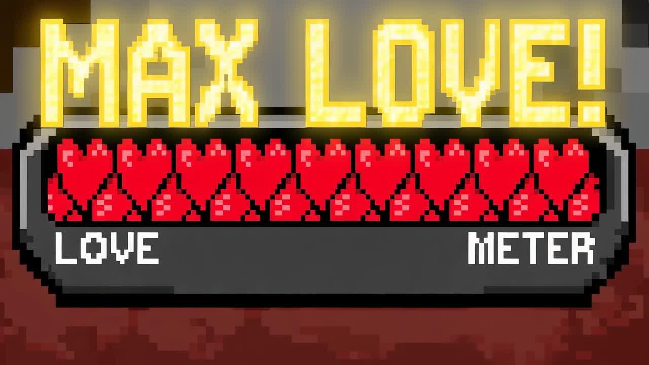 Avanserte rammer fyller pixelUI-kjærlighetsmåler med røde hjerter fra venstre til høyre i spillet, MAX LOVE! vises