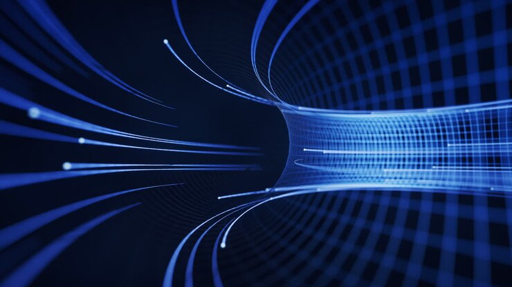 Linee digitali fluide con sfondo di cyberspazio, rendering 3D