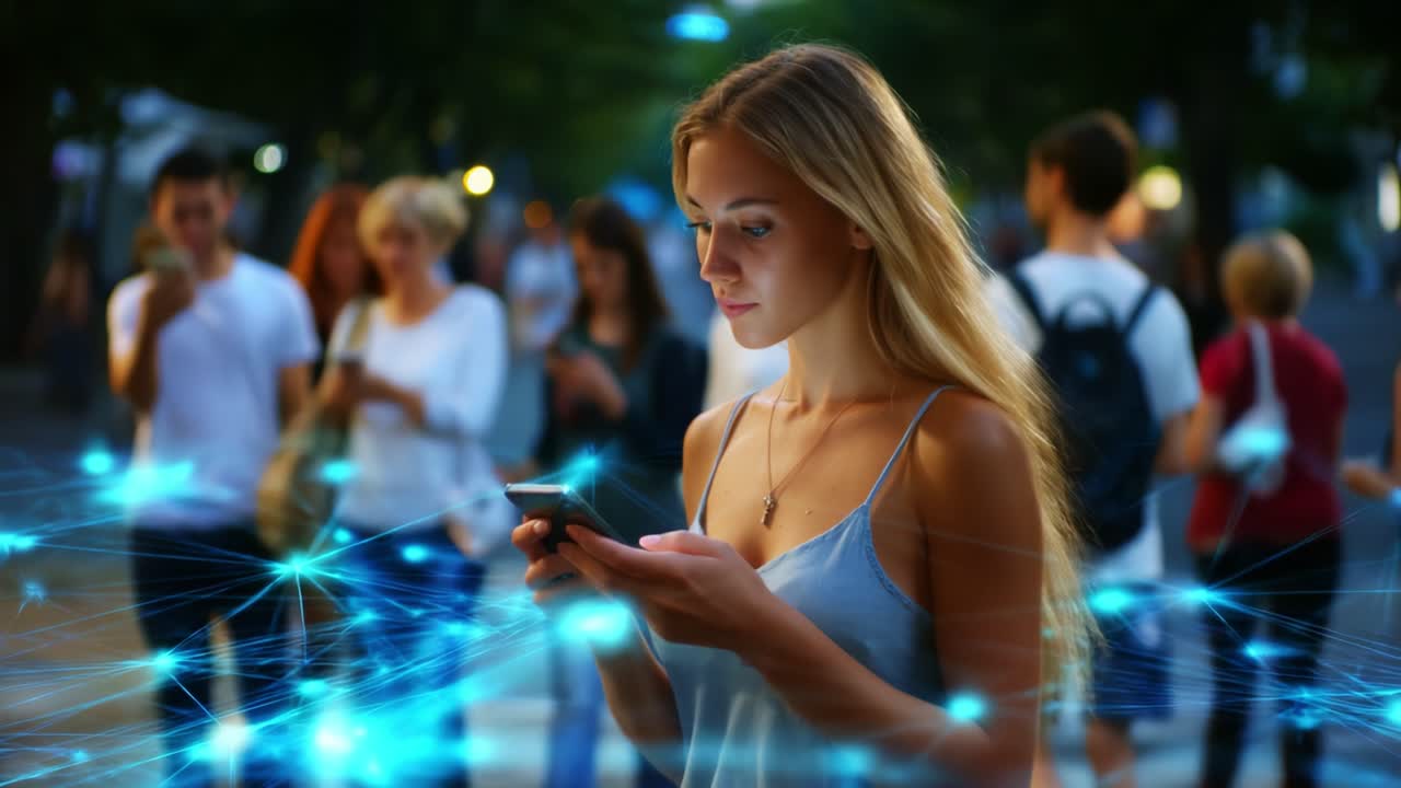 A Young Woman Engaged in Mobile Communication Surrounded by a Vibrant Urban Environment, Capturing Modern Connectivity and Digital Interaction in a Lively Atmosphere Filled with Passersby and Technology