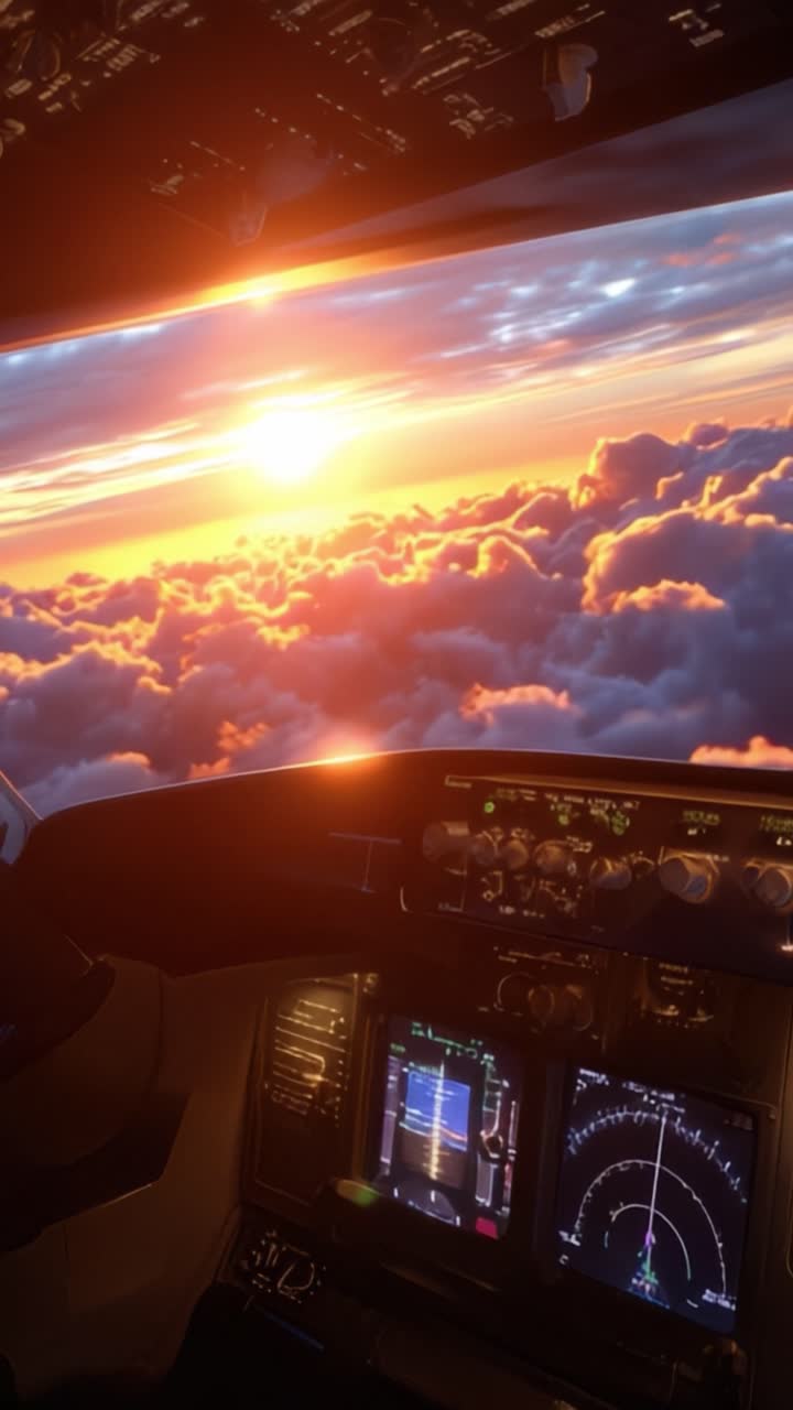 Splendida vista del tramonto dalla cabina di pilotaggio, che cattura un cielo mozzafiato sopra le nuvole con tonalità vivaci e uno scorcio degli strumenti di volo in una cabina di aereo.