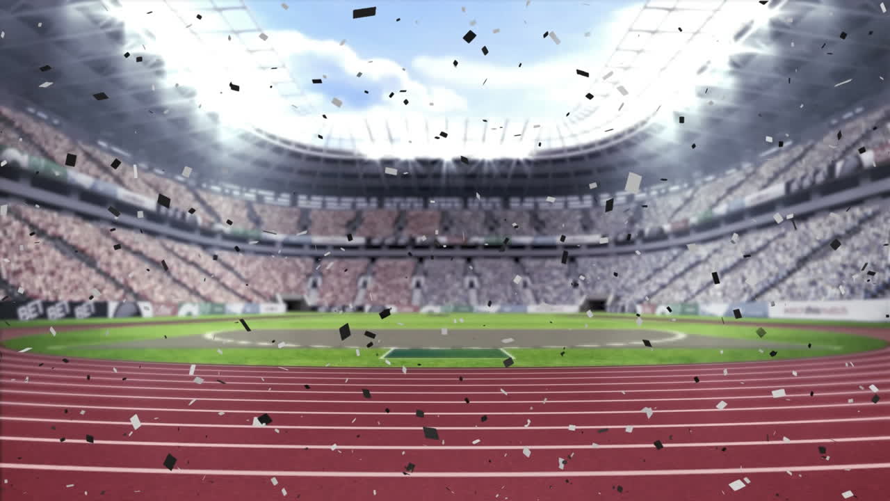 animación de confeti cayendo sobre el estadio deportivo